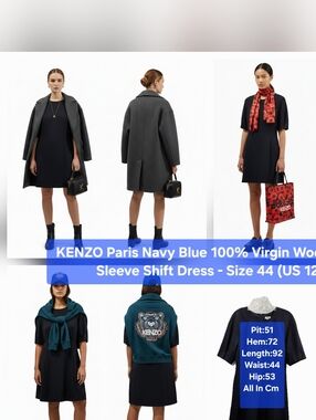 KENZO Paris Navy Blue 100% Virgin Wool Short Sleeve Shift Dress Size 44/US 12